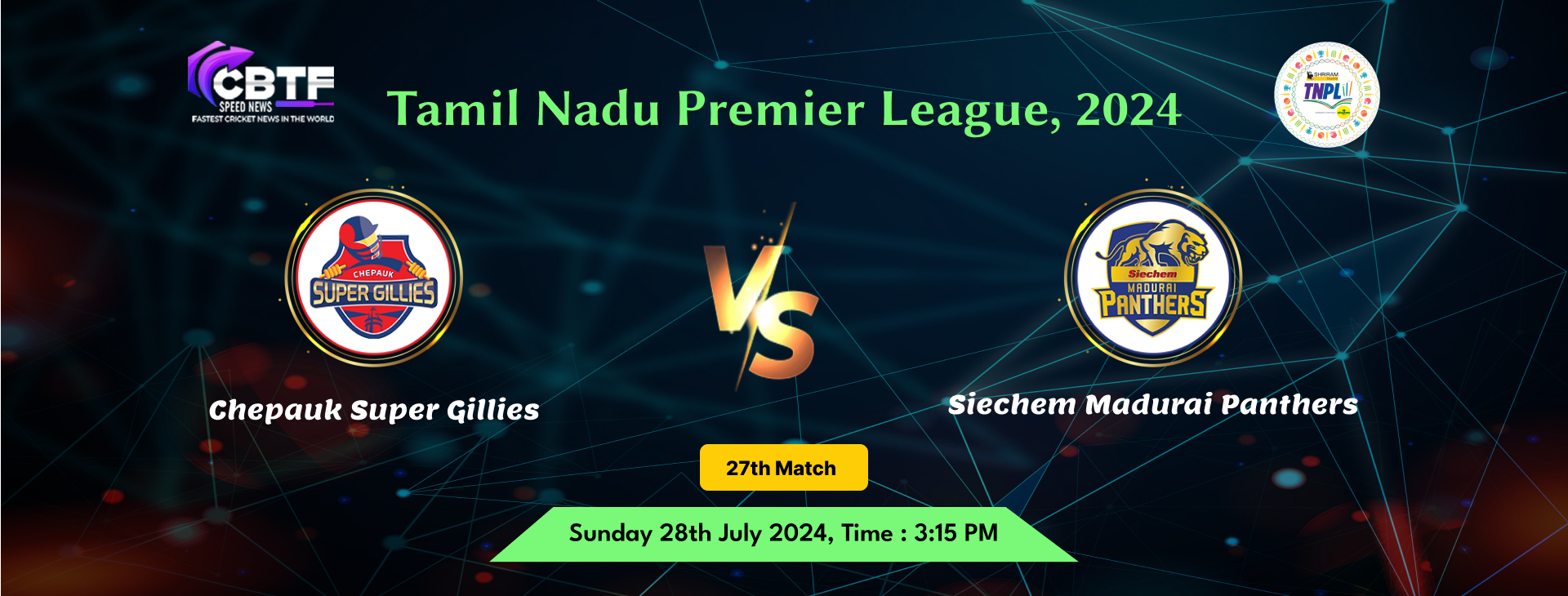 Tamil Nadu Premier League 2024, Chepauk Super Gillies vs Siechem Madurai Panthers, 27th Match, Siechem Madurai Panthers Won By 9 Runs