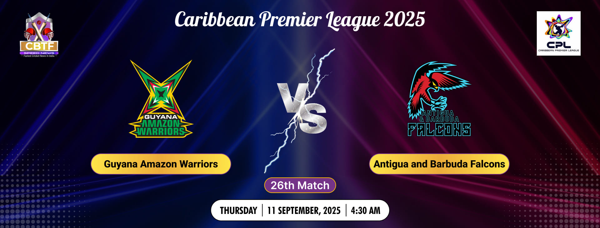 Caribbean Premier League 2025,Guyana Amazon Warriors vs Antigua and Barbuda Falcons, 26th Match, Antigua and Barbuda Falcons Won By 4 Wickets