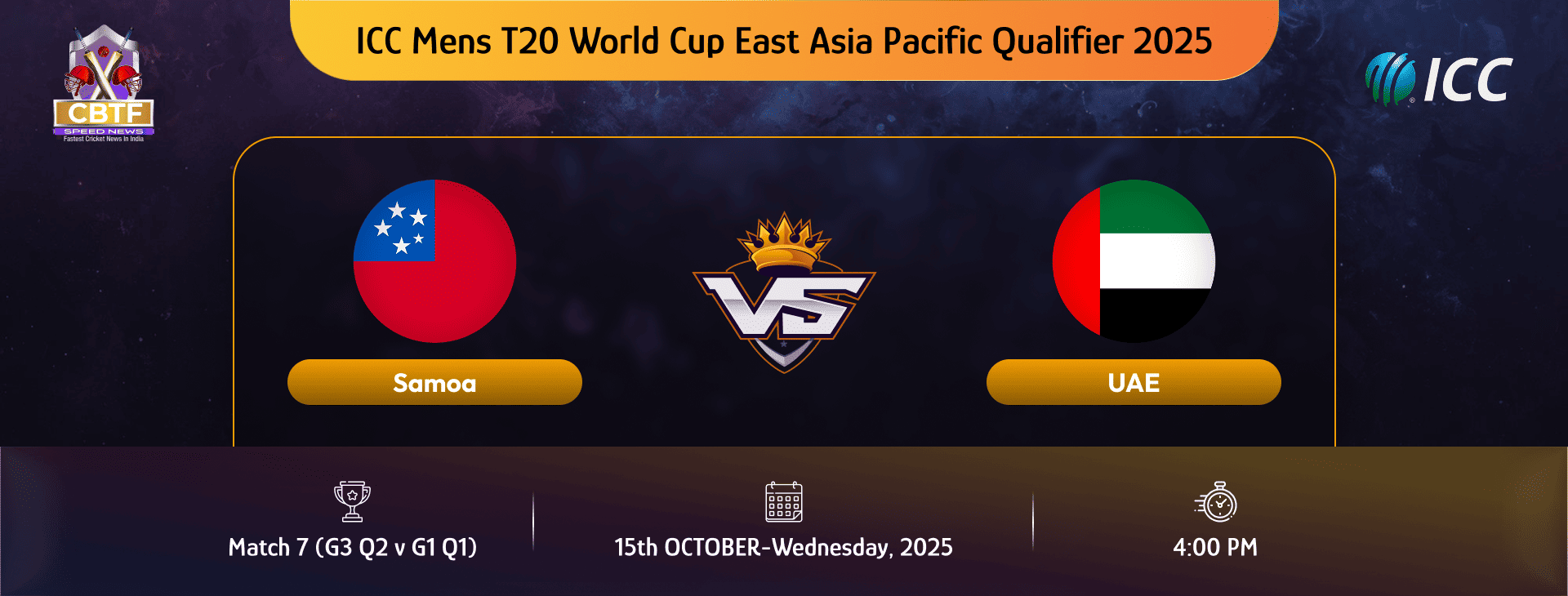 ICC Mens T20 World Cup East Asia Pacific Qualifier 2025,Samoa vs United Arab Emirates, Super Six, Match 7 (G3 Q2 v G1 Q1), United Arab Emirates Won By 77 Runs