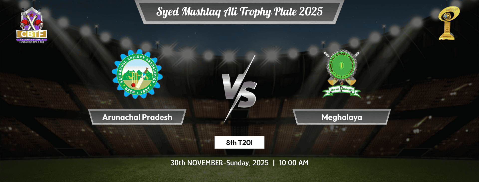 Syed Mushtaq Ali Trophy Plate 2025, Arunachal Pradesh vs Meghalaya, Plate, 8th Match, Meghalaya Won By 6 Wickets