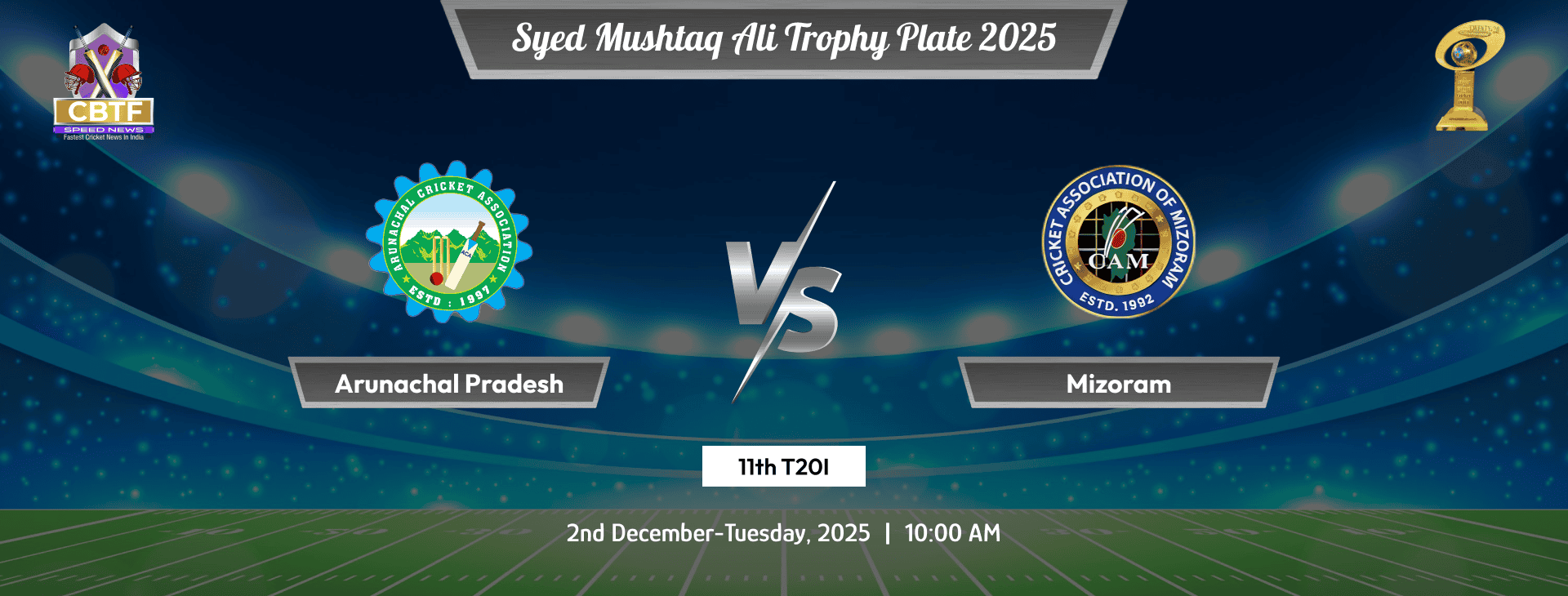 Syed Mushtaq Ali Trophy Plate 2025, Arunachal Pradesh vs Mizoram, Plate, 11th Match, Mizoram Won By 58 Runs