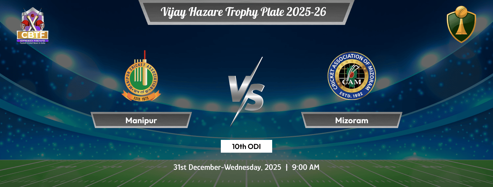 Vijay Hazare Trophy Plate 2025-26, Manipur vs Mizoram, Plate, 10th ODI, Manipur Won By 8 Wickets