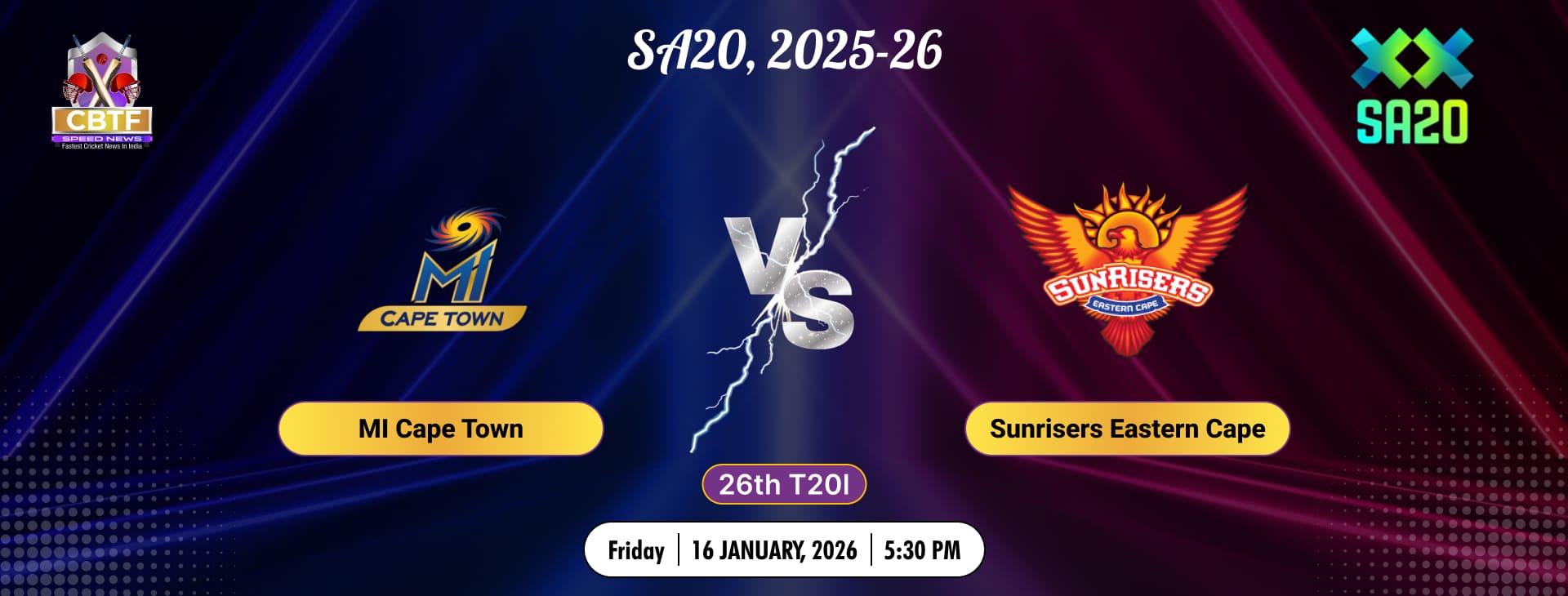 SA20, 2025-26, Mi Cape Town vs Sunrisers Eastern Cape, 26th Match, MI Cape Town Won By 3 Wickets