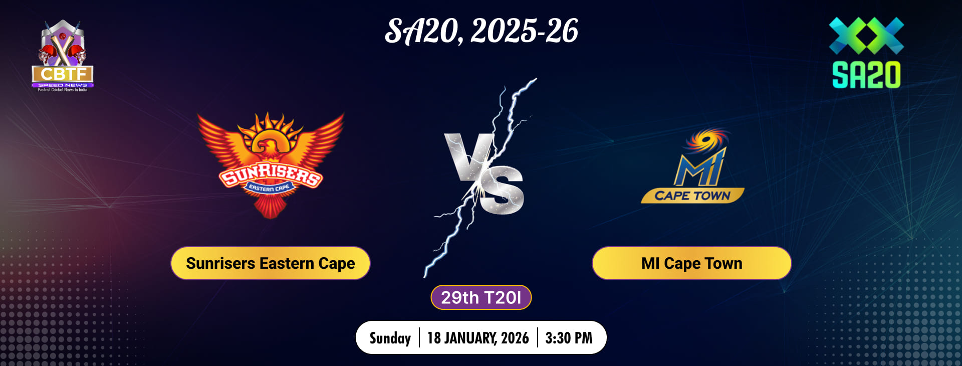 SA20, 2025-26, Sunrisers Eastern Cape vs Mi Cape Town, 29th Match, Sunrisers Eastern Cape Won By 7 Wickets