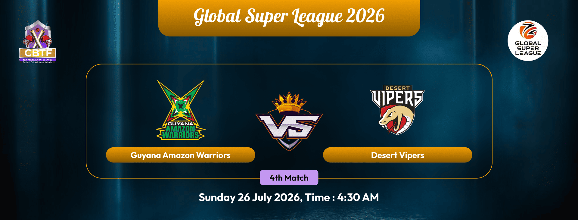 Global Super League 2026, Guyana Amazon Warriors vs Desert Vipers, 4th Match, Guyana Amazon Warriors won by 2 wickets
