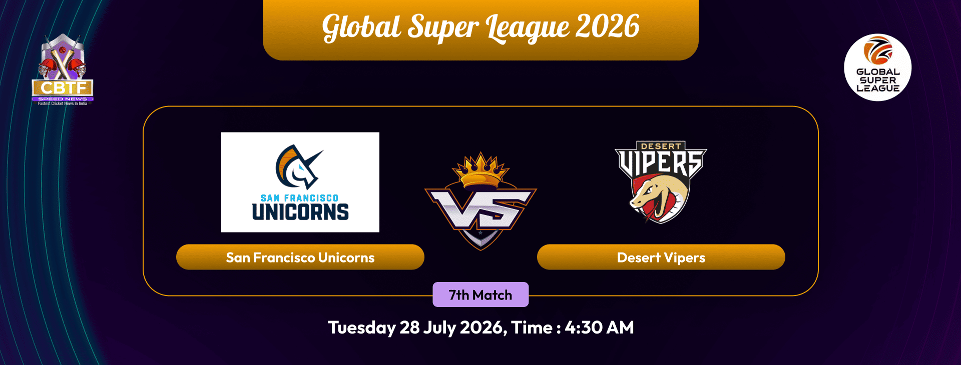 Global Super League 2026, San Francisco Unicorns vs Desert Vipers, 7th Match, Desert Vipers Won By 9 Wickets