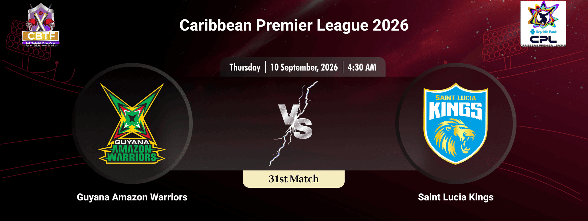 Caribbean Premier League 2026, Guyana Amazon Warriors vs Saint Lucia Kings, 31st Match, Guyana Amazon Warriors Won By 4 Wickets