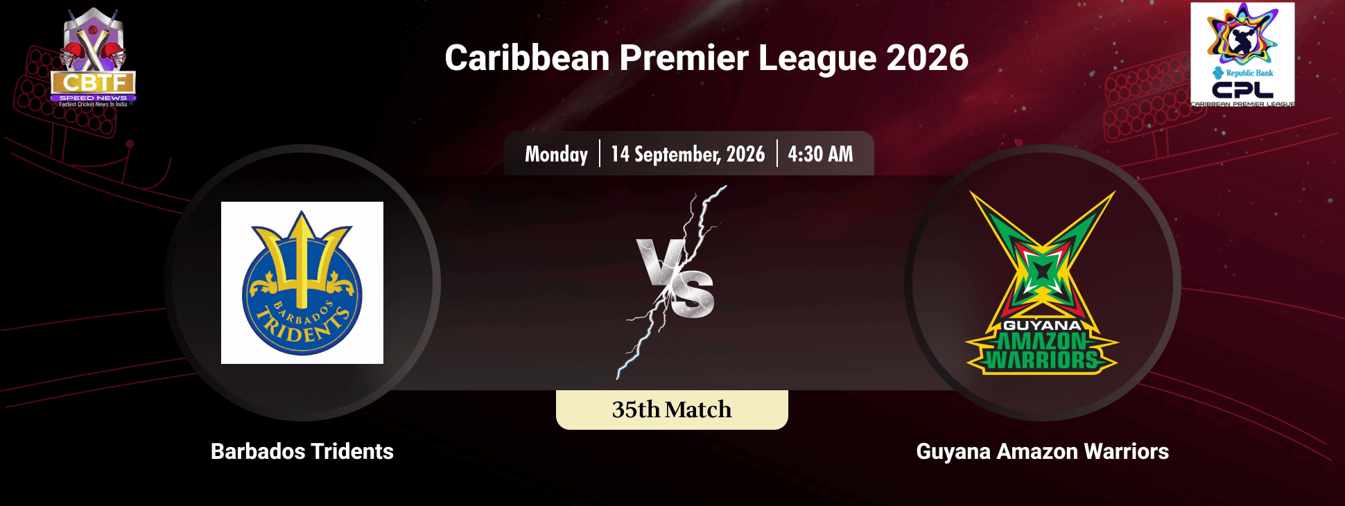 Caribbean Premier League 2026, Barbados Tridents vs Guyana Amazon Warriors, 35th Match, Barbados Tridents  Won By 6 Wickets