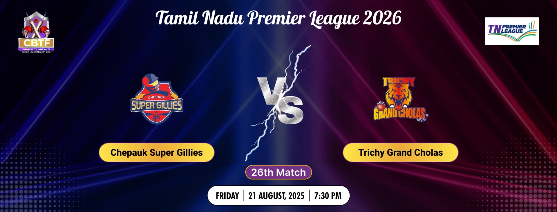 Tamil Nadu Premier League 2026, Trichy Grand Cholas vs Chepauk Super Gillies, 26th Match, Trichy Grand Cholas Won By 14 Runs