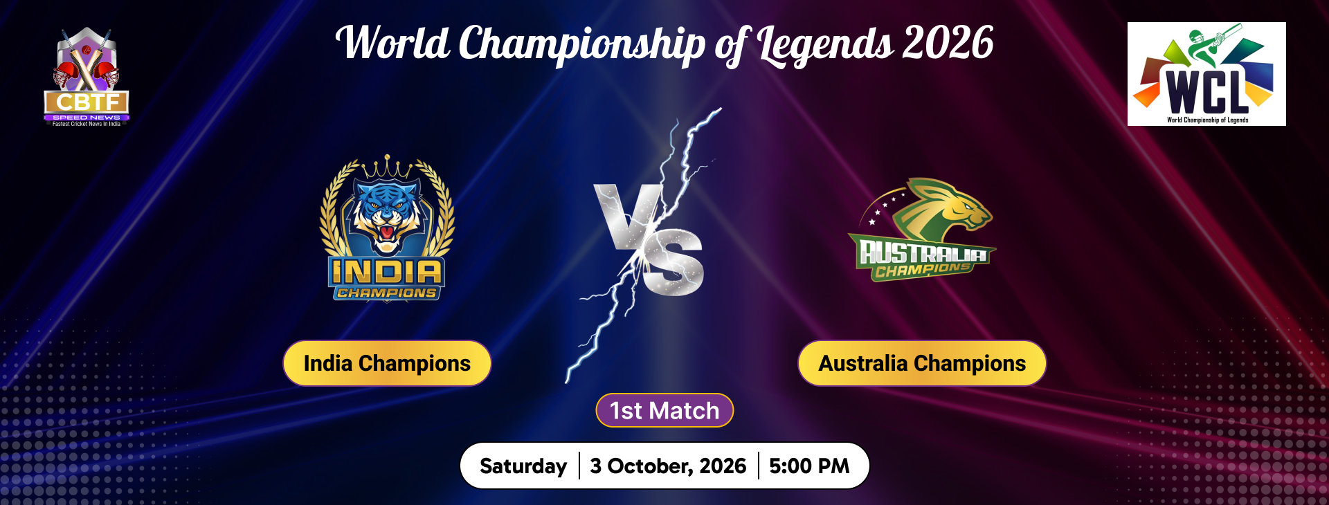 World Championship of Legends 2026, India Champions vs Australia Champions, 1st Match, India Champions Won By 46 Runs