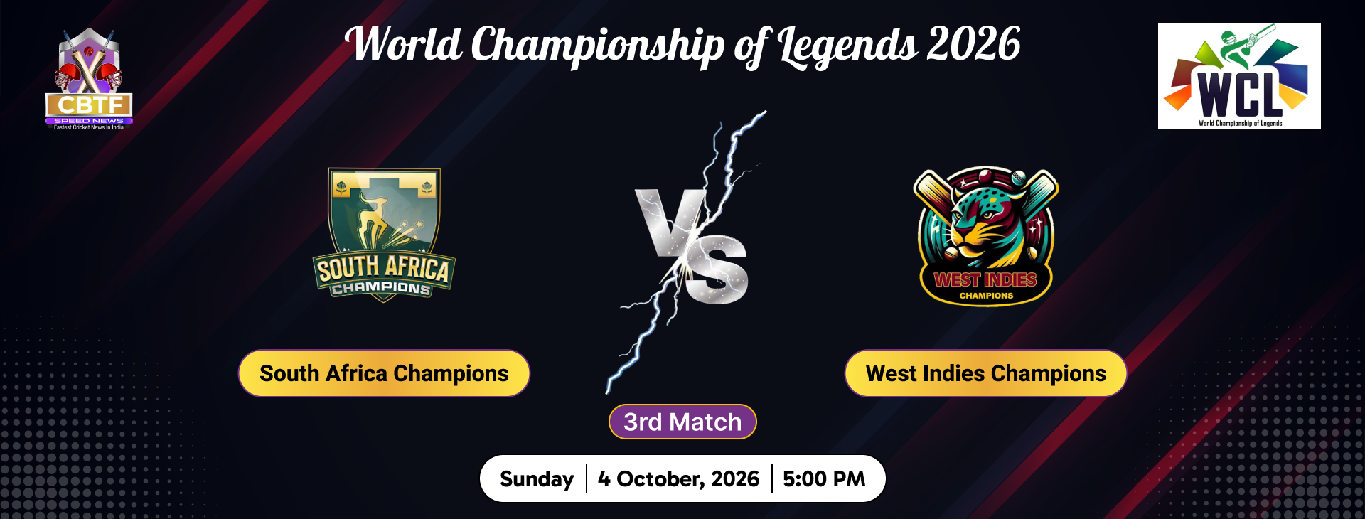 World Championship of Legends 2026, South Africa Champions vs West Indies Champions, 3rd Match, South Africa Champions Won By 97 Runs