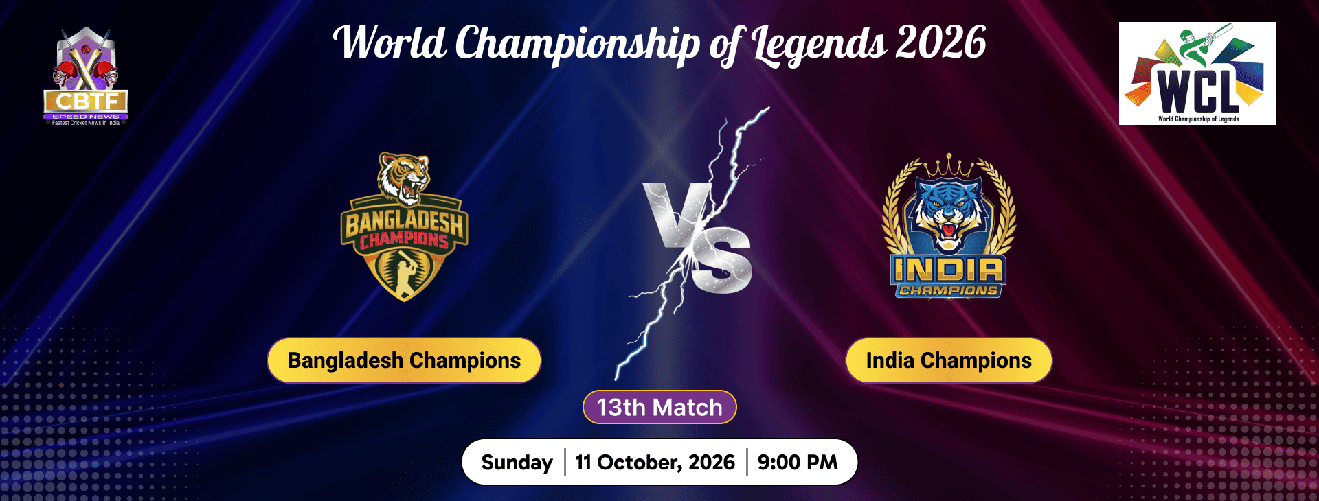 World Championship of Legends 2026, India Champions vs Bangladesh Champions, 13th Match, Bangladesh Champions won by 3 runs